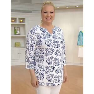 Quacker Factory Womens Knit Tunic XXS White Blue Island Floral Print NWT